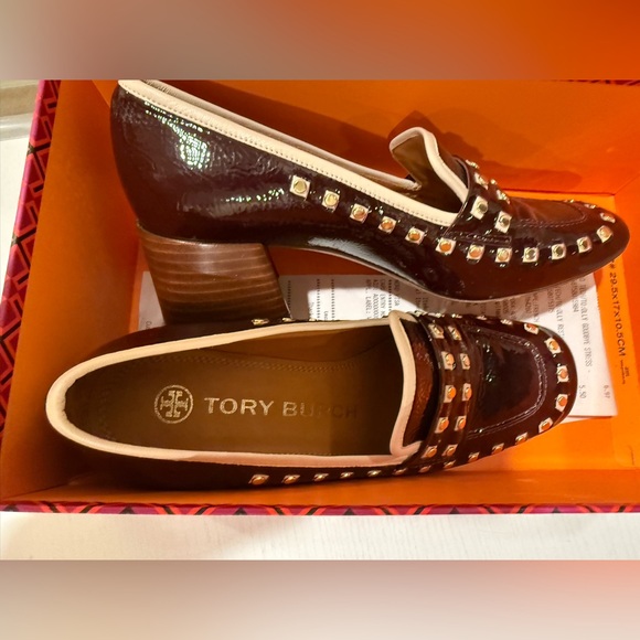 Tory Burch Maroon and Gold Studded Loafers - Picture 4 of 10